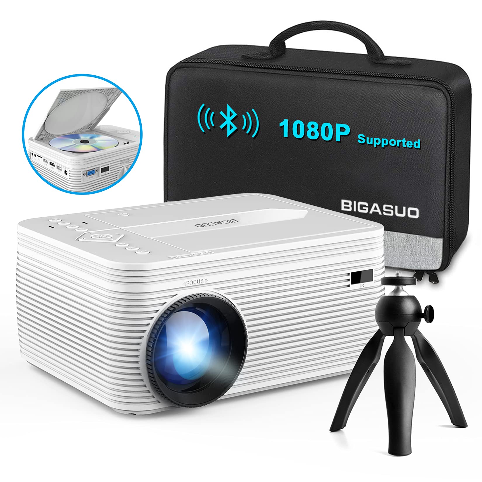 BIGASUO HD 9000L Bluetooth Projector Built in DVD Player, Mini